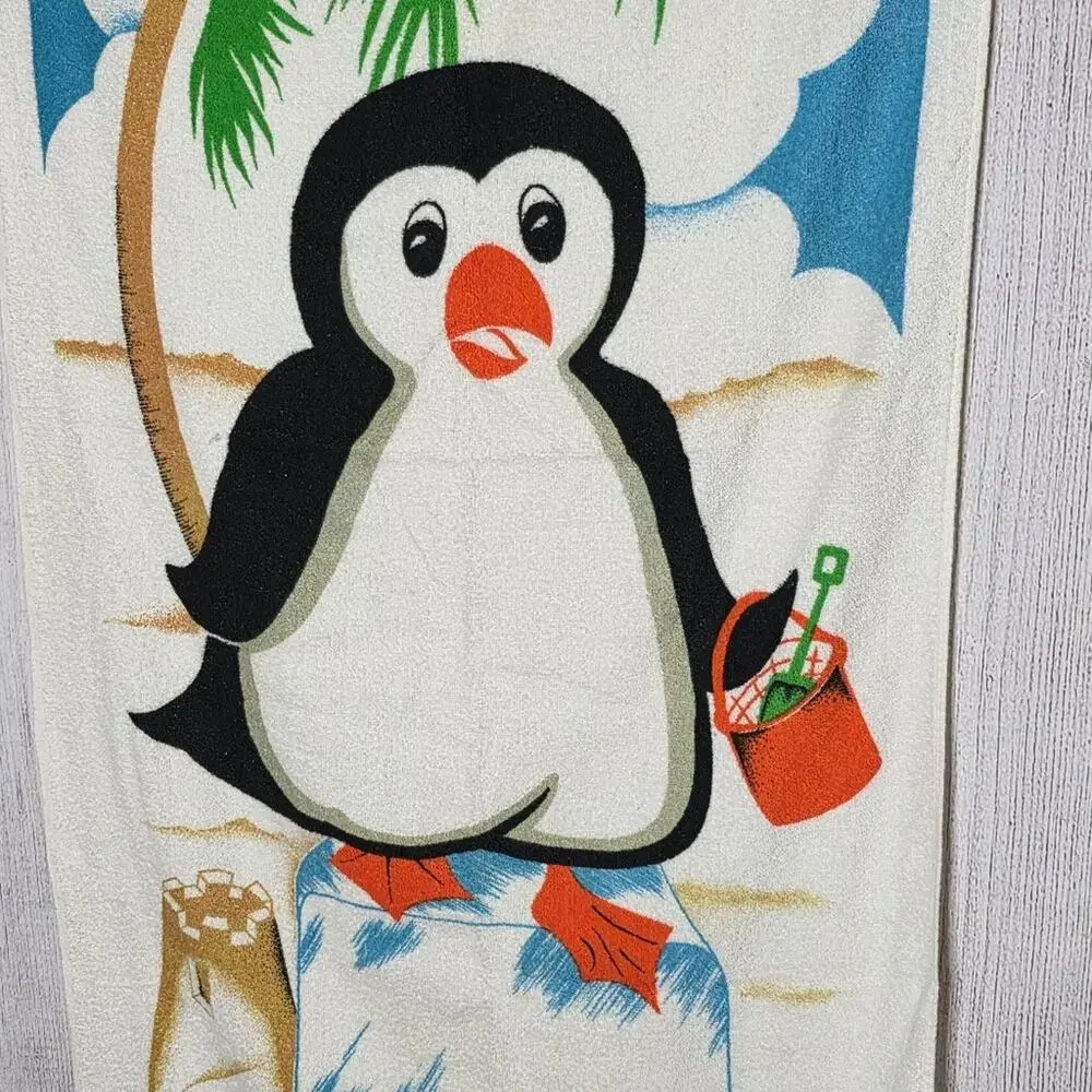 VTG 90s R.A. Briggs Penguin On An Ice Cube At The Beach, Beach Towel - 24x50